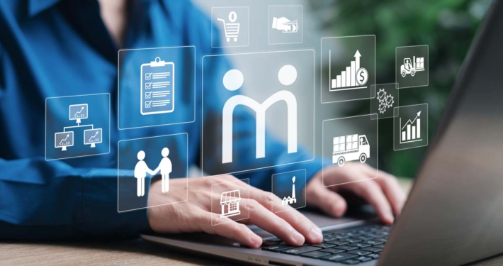 Rappresentazione grafica non attinente alla realtà di una intranet aziendale coi suoi annessi moduli, sullo sfondo una persona che usa un laptop, idealmente accedendo alla suddetta intranet